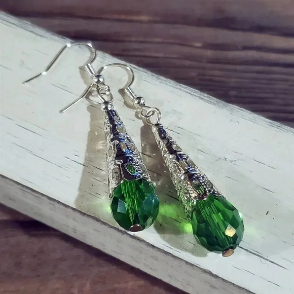Hand Crafted Jewelry - Caged Filigree Faceted Green Crystal Silver Teardrop Earrings Hand Crafted
